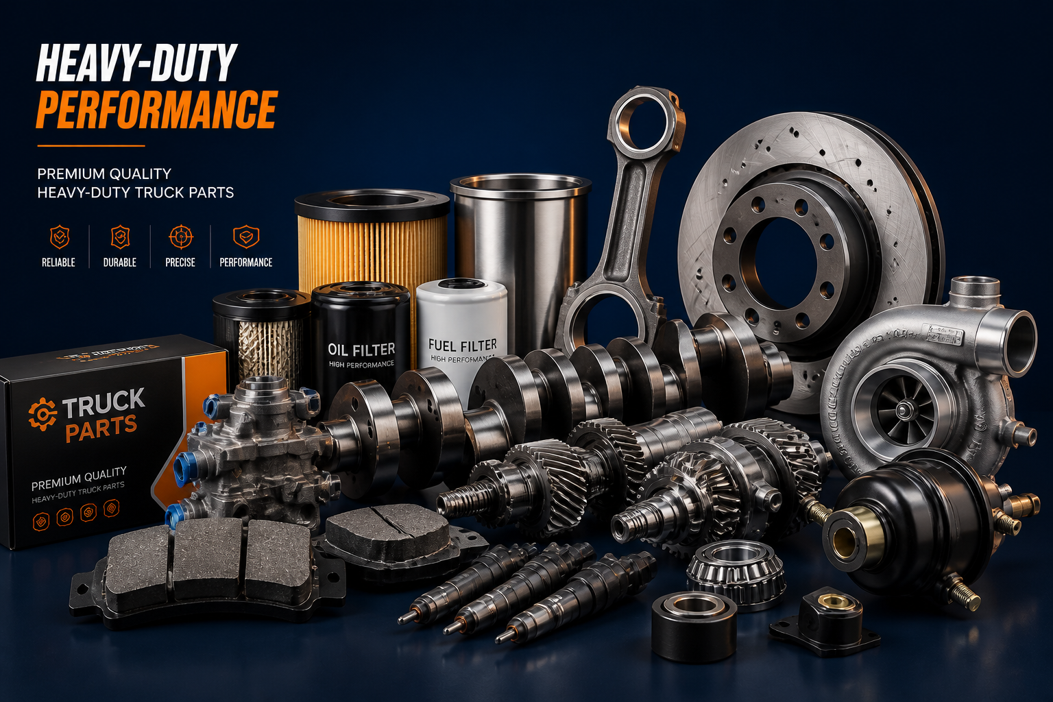 Heavy-duty truck parts range: brake discs, filters, crankshaft, turbocharger and brake pads